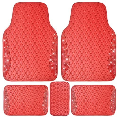 CAR PASS Bling Leather Car Mats Shining Diamond Floor Mats Crystal Rhinestones Sparkly Glitter Carpet AntiSlip Waterproof Pad Universal Fit for Automotive SUV Sedan Van 5pcs for Girl Women Red
