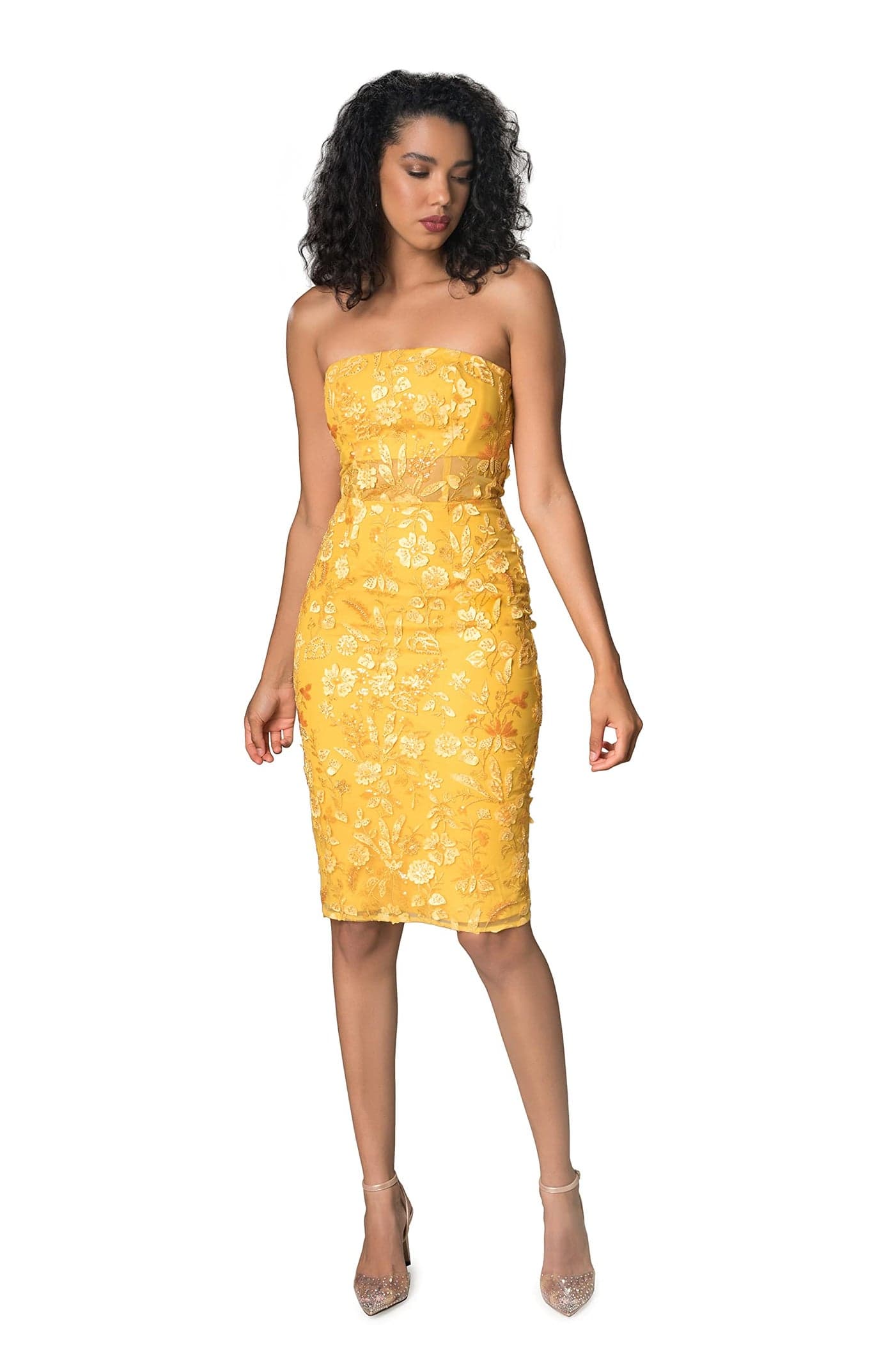 Dress the Population Womens Ynez Tulle Midi Bodycon Square Neck Dress Light Amber Multi Medium
