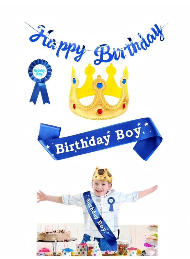 4-Piece Birthday King Crown Party Accessory Set, Birthday Boy Sash and on Pins Birthday for Boys Birthday Dress-Up Birthday Party Decoration