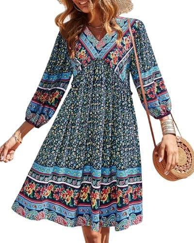 BTFBM Women Casual Spring Summer Dresses V Neck 3/4 Long Sleeve Ruffle Floral Flowy Boho Babydoll Mini Beach Dress(Floral Navy, Large)