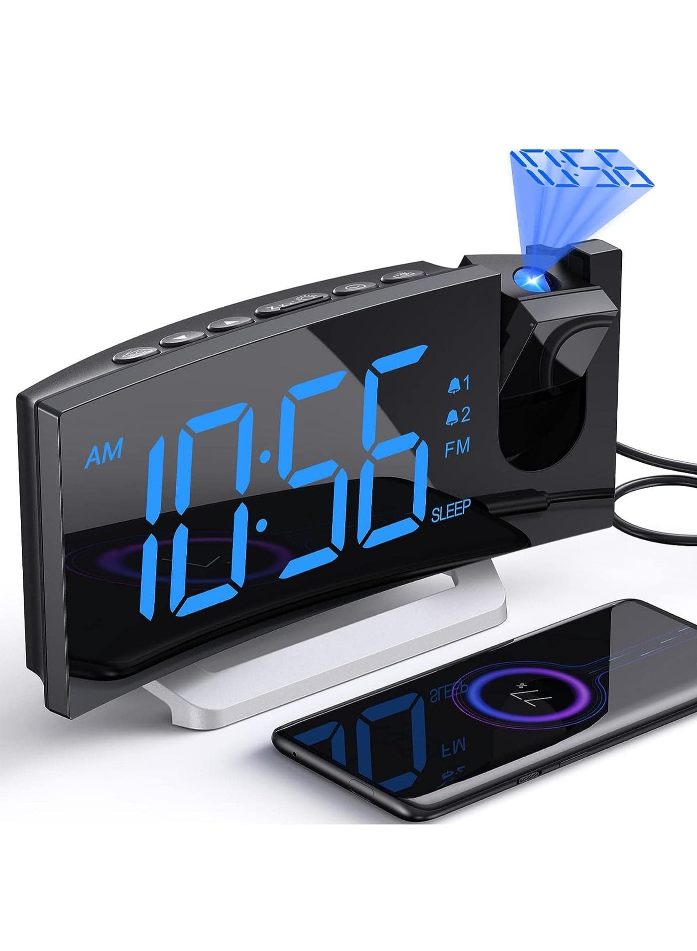 Projection Alarm Clock with FM Radio, Dual Alarms, 30 Preset Stations, Sleep Timer, 5 Alarm Sounds, Dimmer and Snooze Function, HD LED Curved Screen, Digital Clock for Bedroom