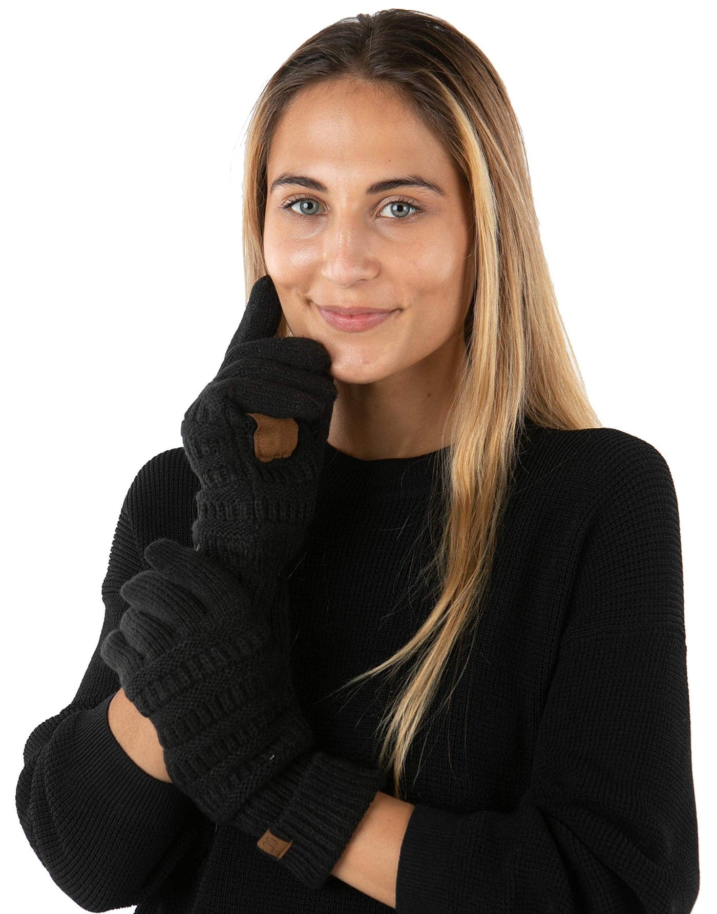 Funky Junque Womens Winter Gloves – Cute Fleece Lined Knit Gloves for Women, Teen Girls Warm Touchscreen Mittens for Cold Weather, Cozy Soft Accessories - Black
