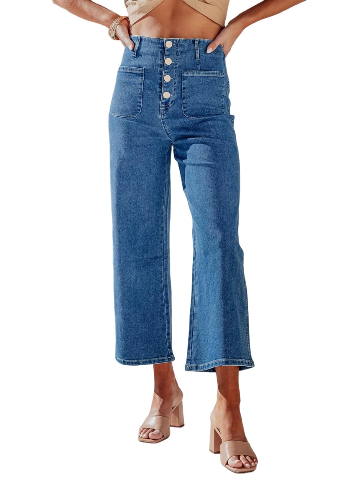 Sidefeel Women's Wide Leg Jeans High Waisted Stretchy Zimbaplatinum Straight Leg Jeans Buttoned Loose Denim Pants with Pocket Blue Size 12