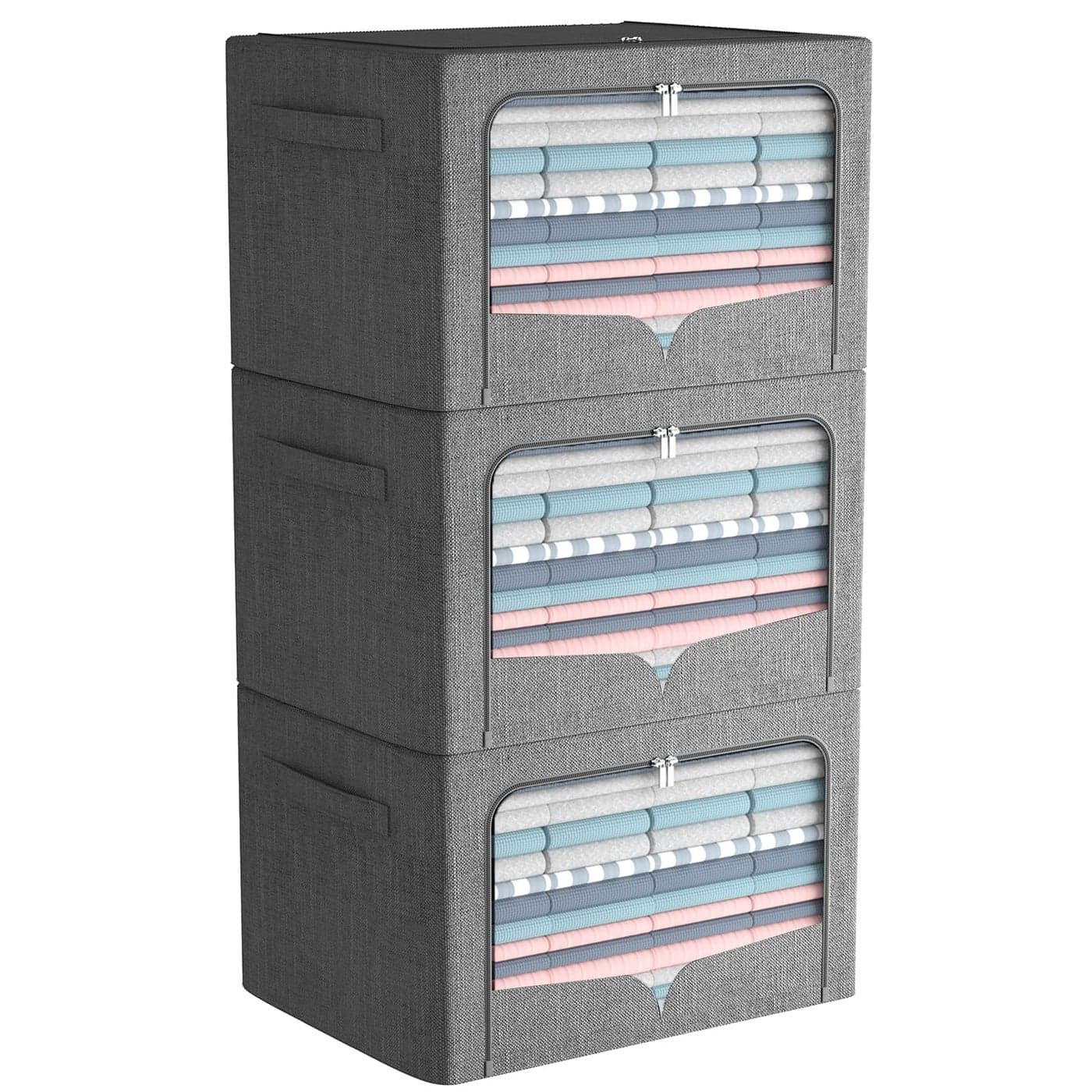 3 Pack Clothes Storage Bins Foldable Metal Frame Storage Box Stackable Linen Fabric Container Organizer Set with Carrying Handles and Clear Window Dark Gray 197x157x13inch66L