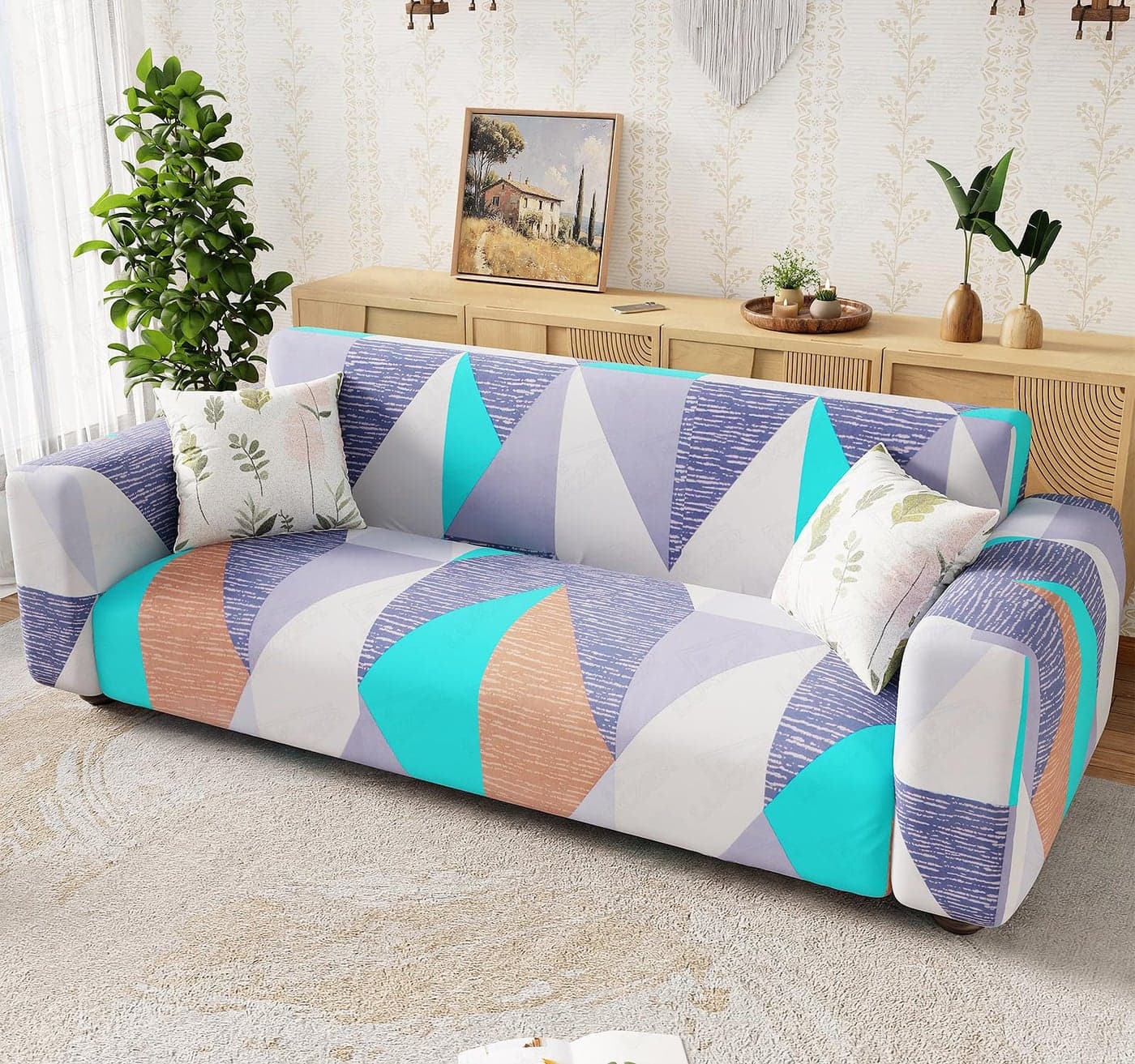 Lukzer 4 Seater Prism Light Blue Universal Sofa Cover | 360° Fully Covered Anti-Slip Washable Couch Cover Protecter | 140 GSM Stretch Fit Polyester + Spandex Slipcover (230-300cm/SC-046-04)