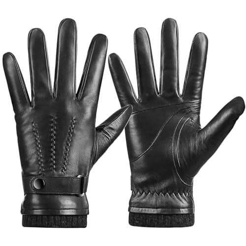 Potopok Winter Sheepskin Leather Gloves for Men, Warm Touchscreen Driving Handwear with Soft Cashmere Lining for Outdoor Use(Black-XL)