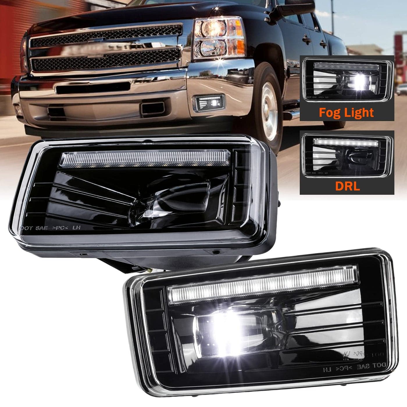 DRFG Rectangular Fog Lights with DRL Compatible with Chevy Silverado 15002500HD3500HD Tahoe 20072014 wOffRoad Package LED Driving Fog Lamp