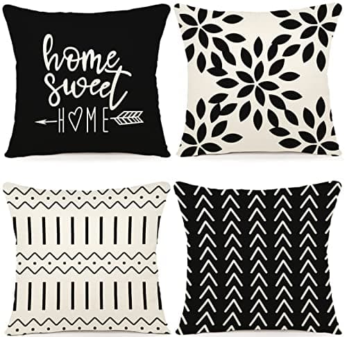 YCOLL Pillow Covers 18x18 Set of 4, Modern Sofa Throw Pillow Cover, Decorative Outdoor Linen Fabric Pillow Case for Couch Bed Car, Black