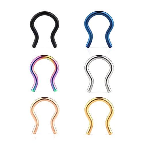 Ruifan 6PCS 316L Surgical Steel U-Shaped & Staple Nose Septum Hanger Retainer Nose Ring 14g (Mix Colors 2#)