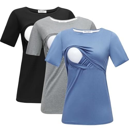 Bearsland Women's Maternity Nursing Tops Modal Comfy Short Sleeve Breastfeeding Clothes,blackgrayblue,L