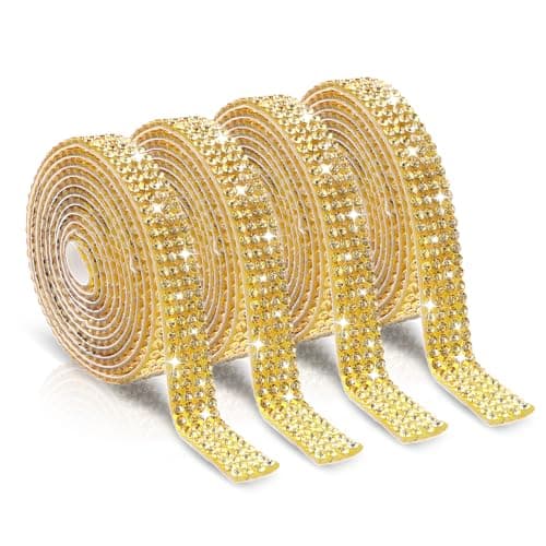 Self Adhesive Rhinestone Ribbons 4 Rolls Bling Crystal Rhinestone Strips Stickers Glitter Wrap Roll for DIY Crafts Clothes Car Shoes 4 Rows of 1 Yard Gold