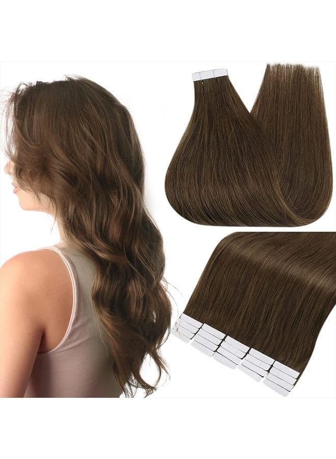 Full Shine Tape in Hair Extensions Real Human Hair 24 Inch Tape Extensions Human Hair Brown 20 Pieces 50 Grams Seamless Invisible Tape in Hair Extensions Human Hair Single Side Color 4