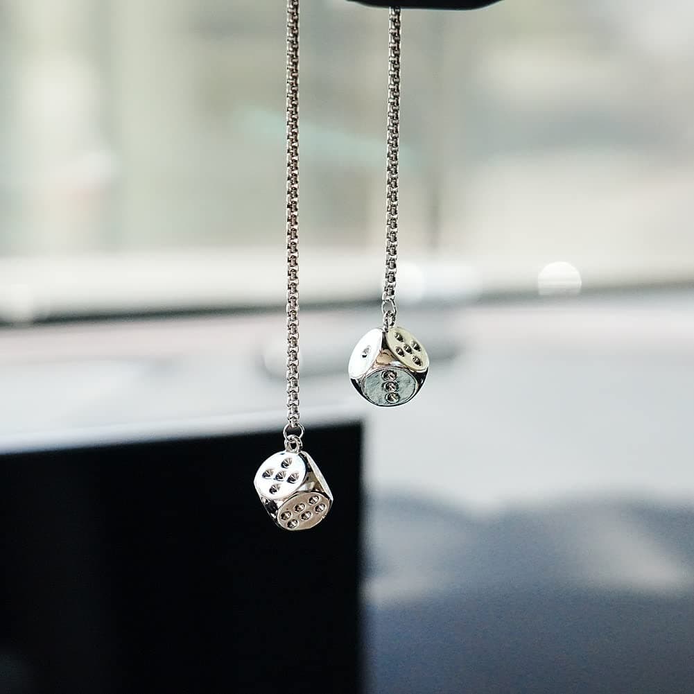 AMIORO Creative Hanging Dice with Dots Car Metal Pendant Rear View Mirrors Charms Ornament Silver