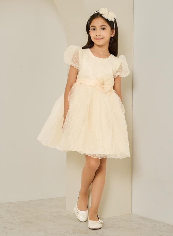 Girls Cream Dobby Organza A-Line Dress