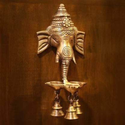 Fashion Bizz Aluminium Ganesha Wall Hanging DeepakDiya with Bells for Home Decor Gold 85 inch