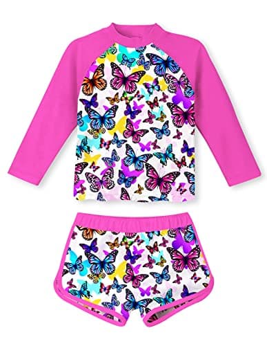 Girls Rash Guard 2Piece Swimsuit Set Teens 5 6 Yrs Old Butterflies Printed O Neck Long Sleeve Bikini with UPF 50 Sun Protection for Pool Party