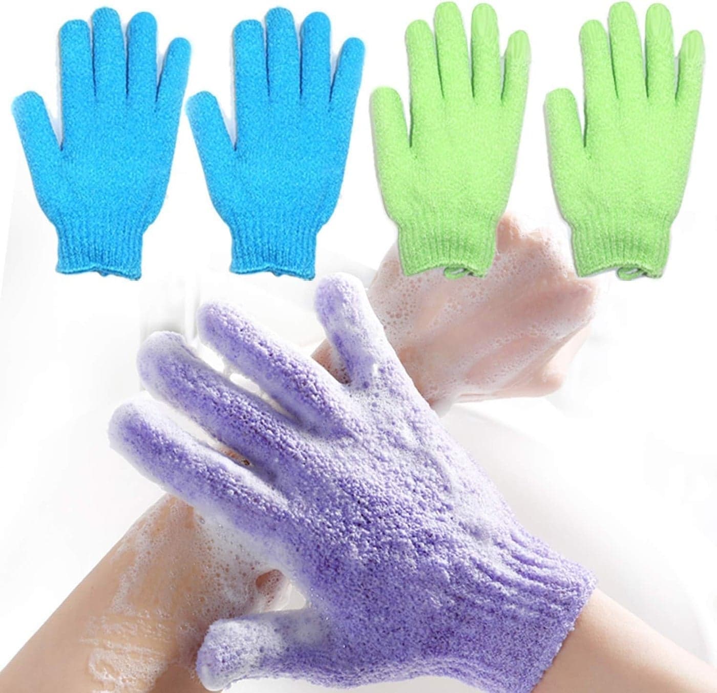 2 Pair Exfoliating Body Loofah Gloves, Bath Scrub Wash Mitts, Skin Massage Sponge Glove, Deep Cleansing Dead Skin, Promote Blood Circulation, for All Kind of Skin, Blue and Green