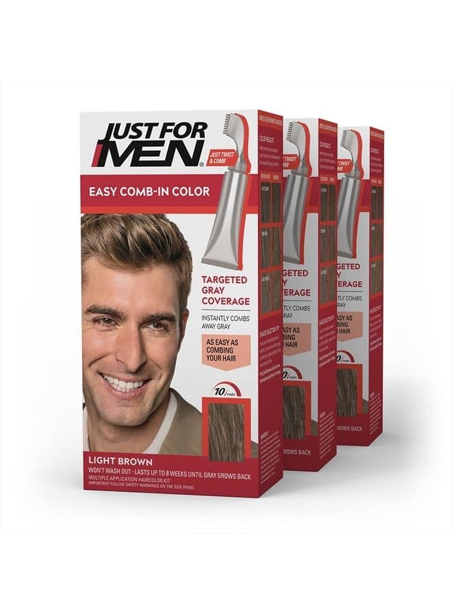 Just For Men Easy Comb-In Color Mens Hair Dye, Easy No Mix Application with Comb Applicator - Light Brown, A-25, Pack of 3
