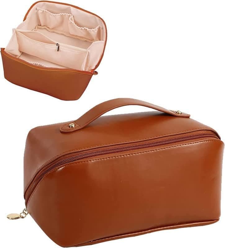 AASAISH Large Capacity Travel Cosmetic Bag Leather Makeup Bag with Handle and Divider Waterproof Cosmetic Bag Portable Leather Toiletry Bag Roomy Cosmetic Bag for Women GirlsBrown