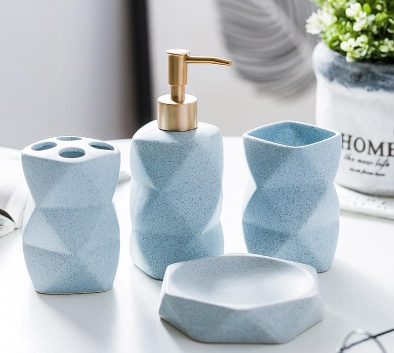 Kuber Industries Bathroom Accessories Set Ceramic Bathroom Tooth Brush Holder Bathroom Soap Holder Dish Kitchen Soap Dispenser 380 ML Water Cup 380 ML ZX031BU4T Set of 4 Blue