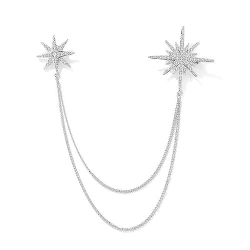 Silver Rhinestone Star Brooch for Women Girls Men Fashion Crystal Snowflake Tassel Lapel Pins Dress Suit Accessories Bouquet Dainty Jewelry Winter Holiday Dancing Party Ceremony Banquet Decoration Gift