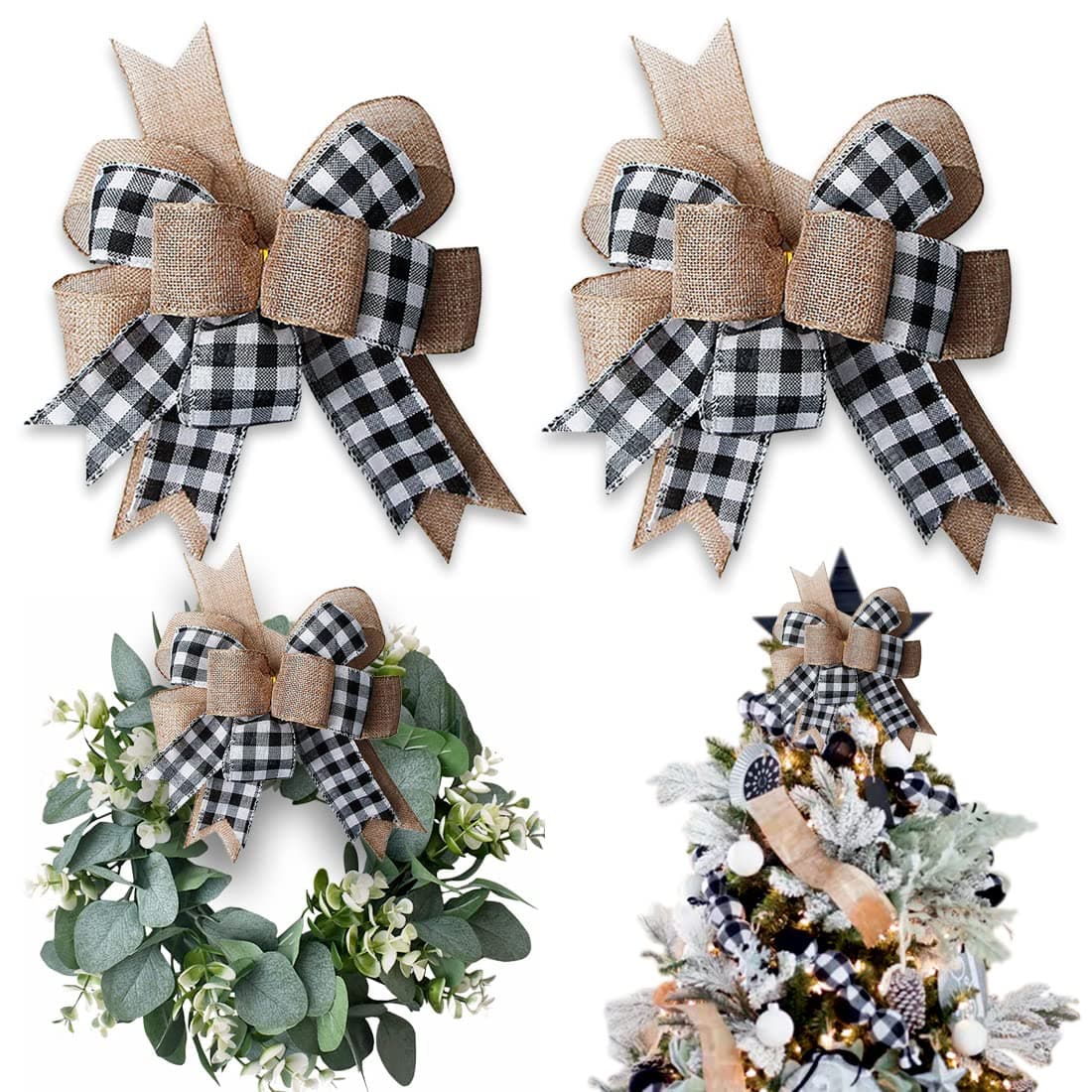 Hongsome Buffalo Plaid Burlap Bows for Wreath 2 Pack12x94Large Rustic Farmhouse Decor Tree Topper Check Bow Decorations for Fall Wedding Holiday Party Wall Home Front Door DecorativeBlackWhite