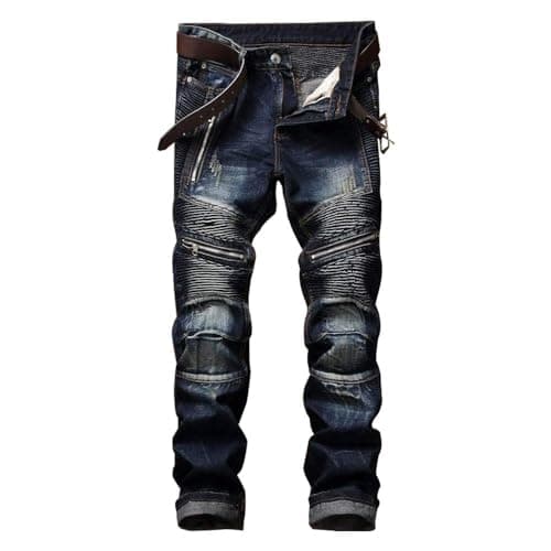 AITITIA Men's Biker Zipper Deco Washed Straight Fit Jeans (34, 001 Dark Blue)