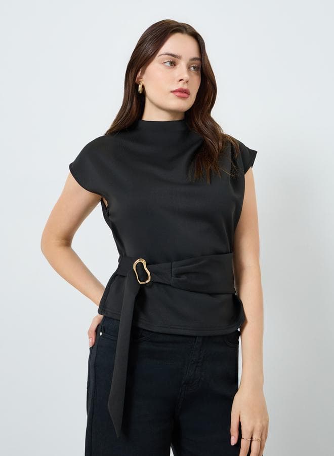 Women Black Mock Neck Blouse with Belt
