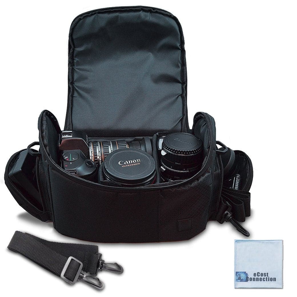 Large Digital Camera / Video Padded Carrying Bag / Case for Nikon, Sony, Pentax, Olympus Panasonic, Samsung, and Canon DSLR Cameras + eCostConnection Microfiber Cloth