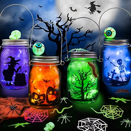 Shemira Halloween Craft Kit for Kids 4 pcs Glass Mason Jar with Accessories for DIY Lantern Jar Halloween Art Craft Party Supplies Art Activities