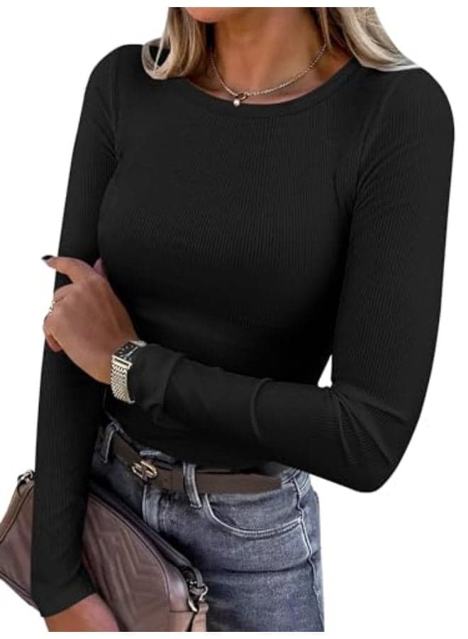 Women Long Sleeve Shirts Rib Knit Slim Fit Tops Basic Tee Fall Outfits Casual T-Shirt Underscrubs Layer Clothes