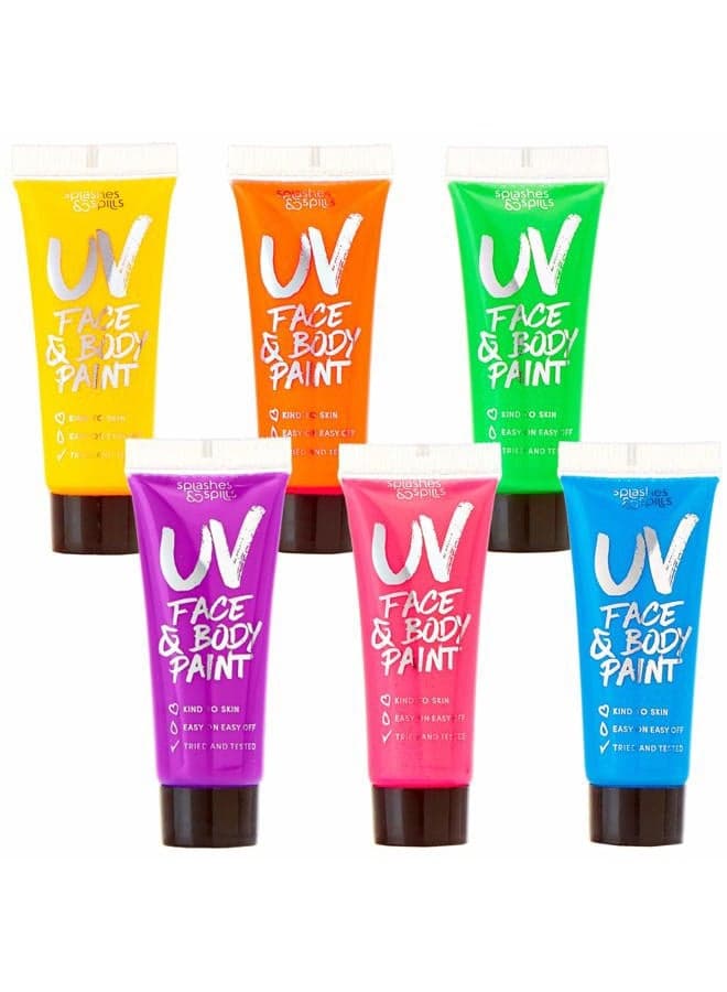 UV Face and Body Paint 10ml - 6 Pack - Neon Glow in the Dark Body Paint for Adults - Non Toxic, Vivid UV Reactive Makeup for Blacklight Parties & Events, Moisturizing Formula, by Splashes & Spills