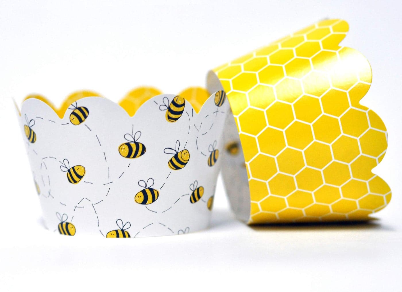 Honey Bee Cupcake Wrappers for Gender Reveal Birthday Parties Bridal Showers Baby Showers or Backyard Summer gatherings Set of 24 Honey Bee Scalloped Cup Cake Holder Wraps Yellow Black