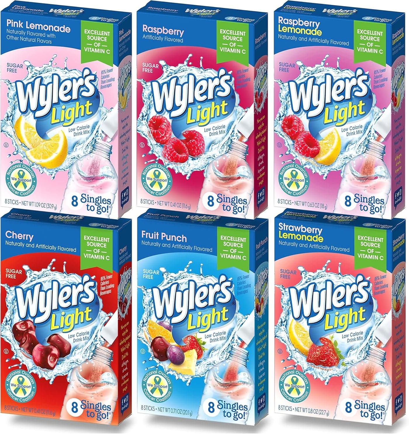 Wyler's Light Singles To Go Drink Mix Variety Pack - 48 Sugar-Free Drink Sticks in Pink Lemonade, Strawberry Lemonade, Fruit Punch, Cherry, Raspberry, and Raspberry Lemonade