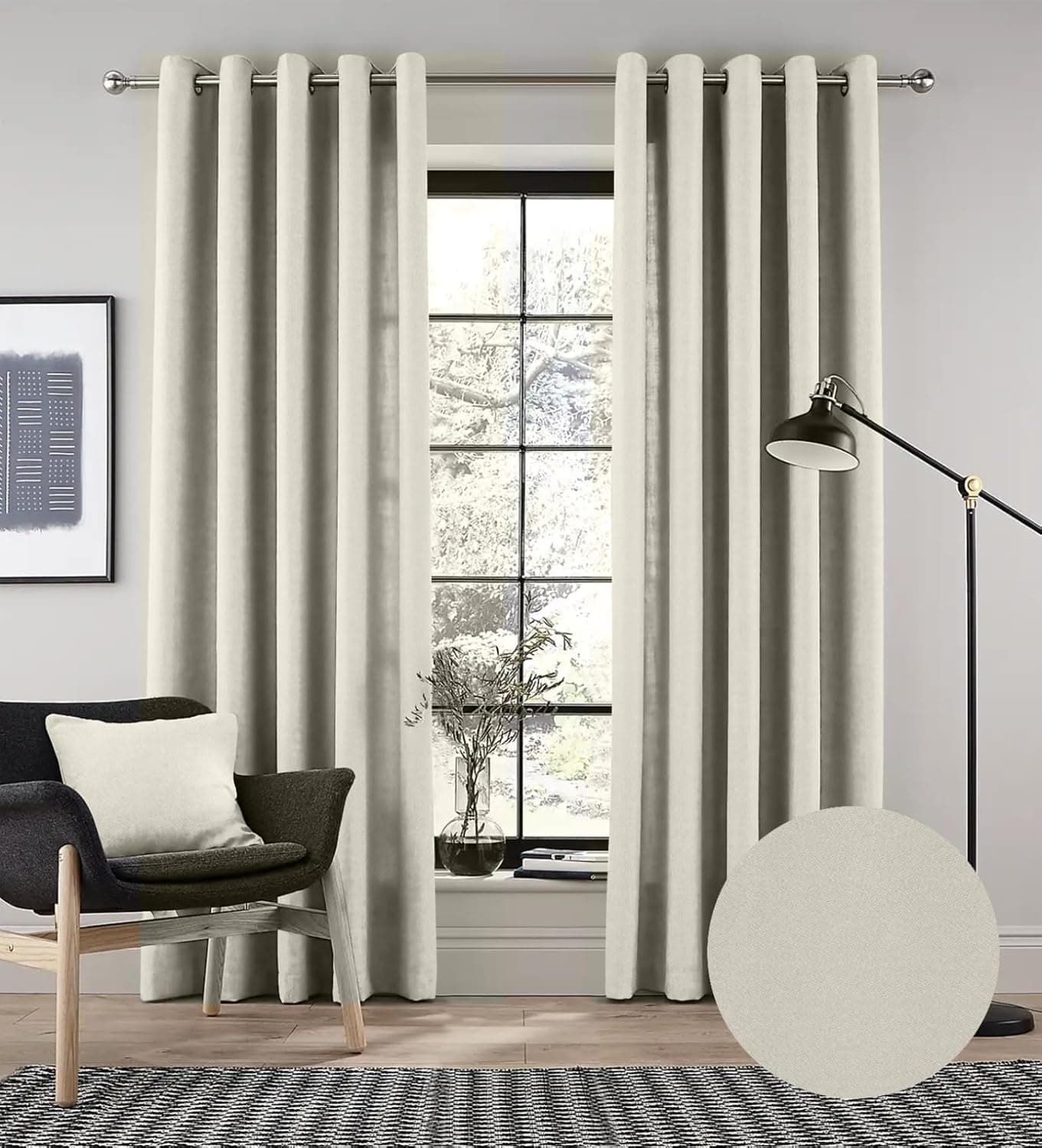 Casableu Slubby Long Printed Room Darkening Curtain Set of 2, Digital Floral Print in Eyelet Grommet Draperies Design for Door Window (Cream, 7feet)