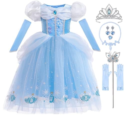 iTVTi Girls Princess Dress Kids Halloween Carnival Party Cosplay Costume Toddler Puffy Sleeve Blue Fancy Outfit, 4-5T (Tag 120)