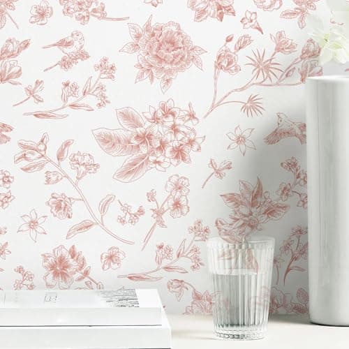Safiyya 118"x17.3" Pink Floral Wallpaper Peel and Stick Wall Paper Removable Self Adhesive Wallpaper for Bedroom Bathroom Flowers Birds Contact Paper for Cabinets Walls Vinyl Rolls
