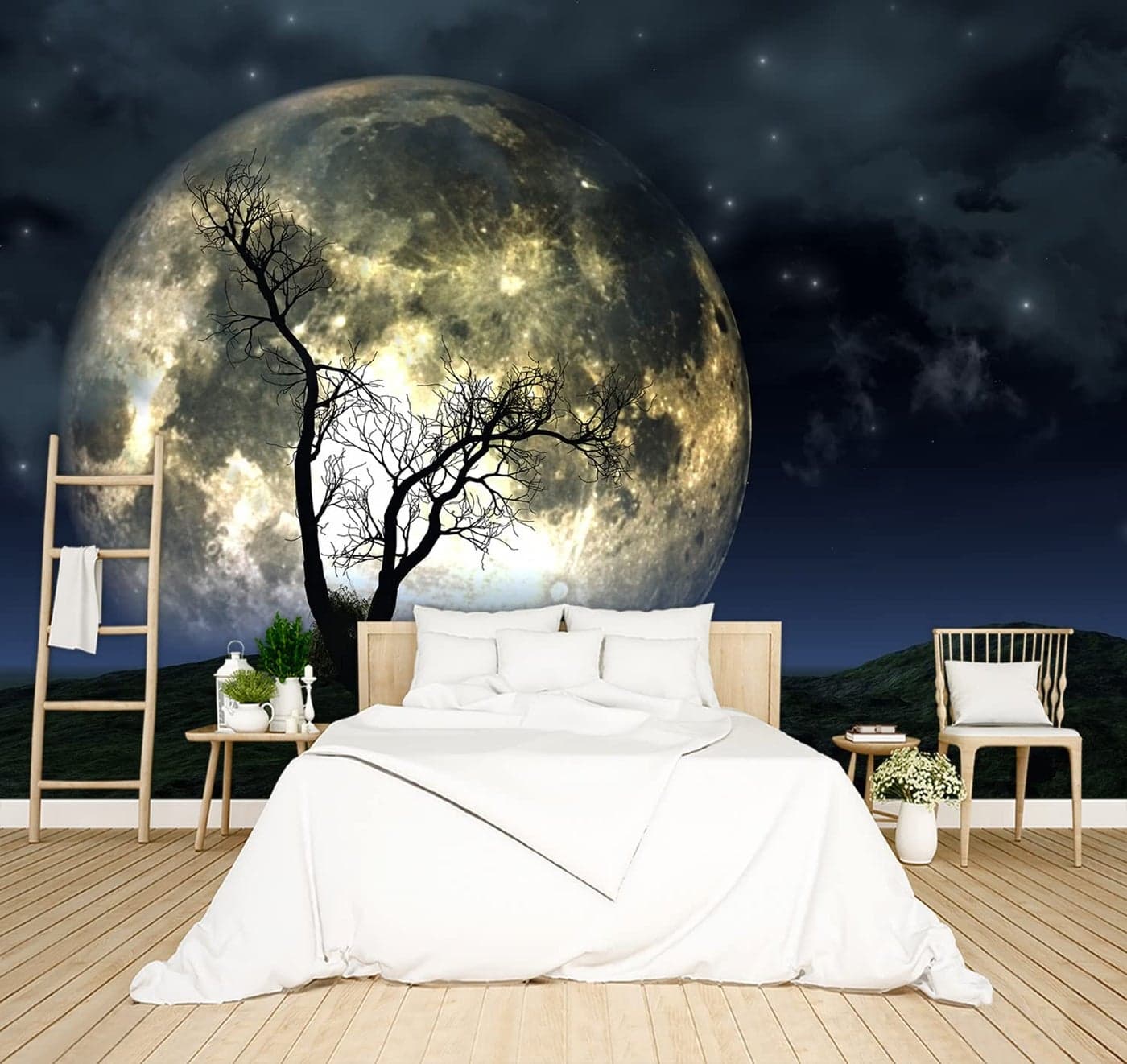 BZHXBZ Full Moon and Stars Wallpaper Galaxy Night Sky Tree murals Bedroom Room Decor Home Living Room tv Background Large Wall Mural 91x65 Not Peel and Stick