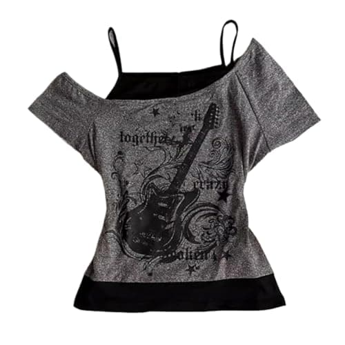 Emo Grunge Shirts Women 2000s Graphic Baby Tees Fake Two Piece Short Sleeve Vintage Y2k Crop Top Goth Alt Clothes (Grey Black,L,Large)