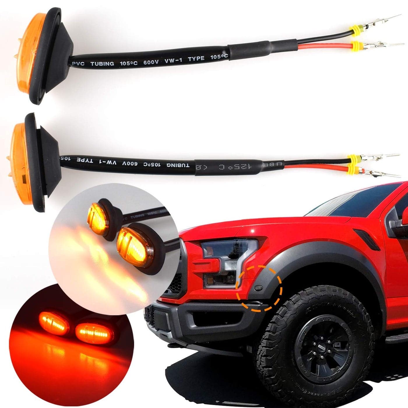 Boigoo Fender Flares Light compatible with Ford Raptor F150 LTD F250 F350 TrucksPickup Side Marker Lights AmberRed Lights LED Super Bright Amber LED Amber Lens