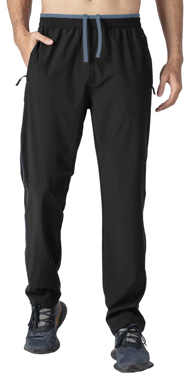 Rdruko Men's Sweat Pants Lightweight Workout Gym Jogging Track Athletic Pants with Zipper Pockets Black Gray Large