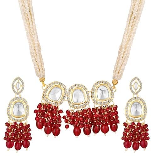 Mahi Red and White Kundan Traditional Necklace Set with Artificial Beads for Women (NL1108112GRed)