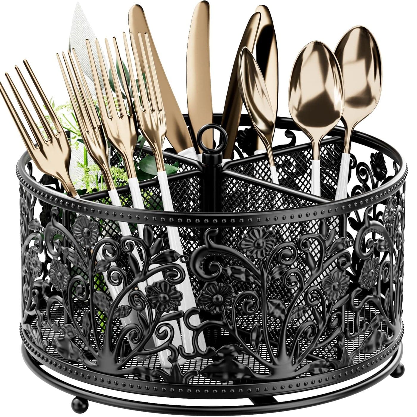 YIUKEA 360 Rotating Utensil Caddy Silverware Cutlery Caddy Holder with 4 Compartment Metal Flatware Organizer Countertop with Handle for Party Camping Picnic Kitchen Counter Office Black