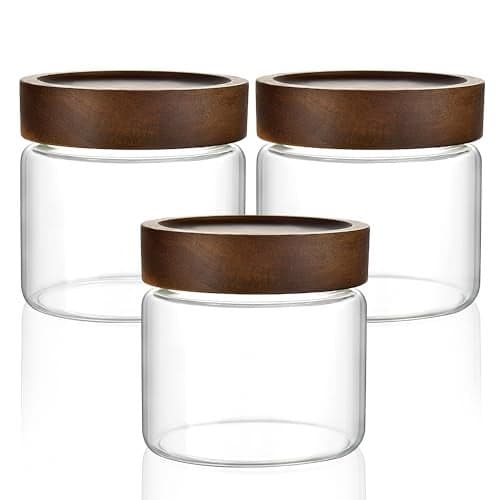 MOLADRI 3 Pack 17 fl oz500ml Clear Glass Storage Canister with Airtight Wooden Screw On Lid Small Cute Decorative Glass Container Jar Set for Coffee Candy Cookie Condiment Pepper Sugar Oatmeal