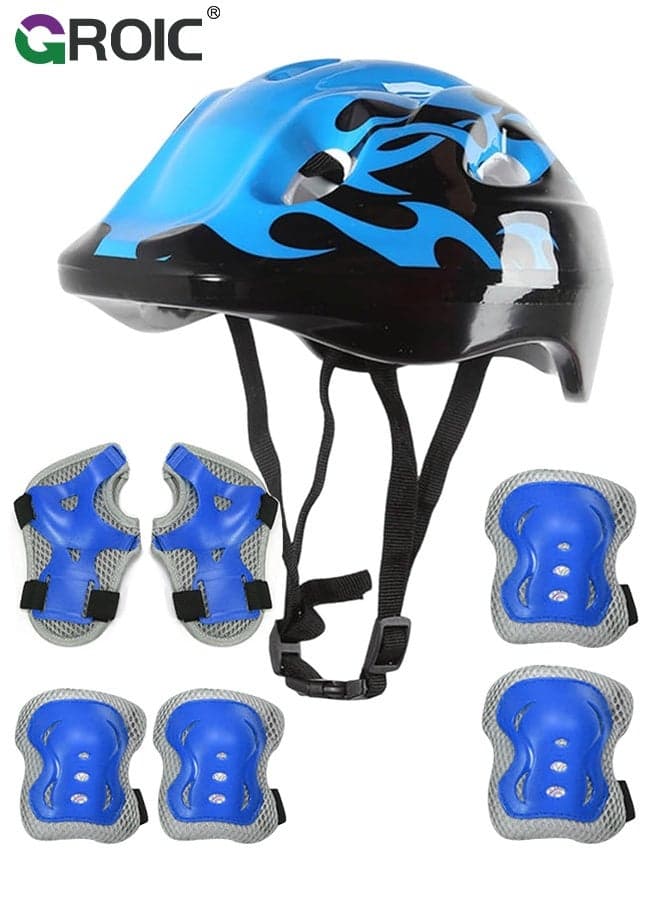 Kids Protective Gear Adjustable Protective Helmet,Kids Helmet Knee Elbow Pads Wrist Guard Sport Protective Gear Adjustable Scooter Skateboard Roller Bike Skate Cycling Safety Set - Blue
