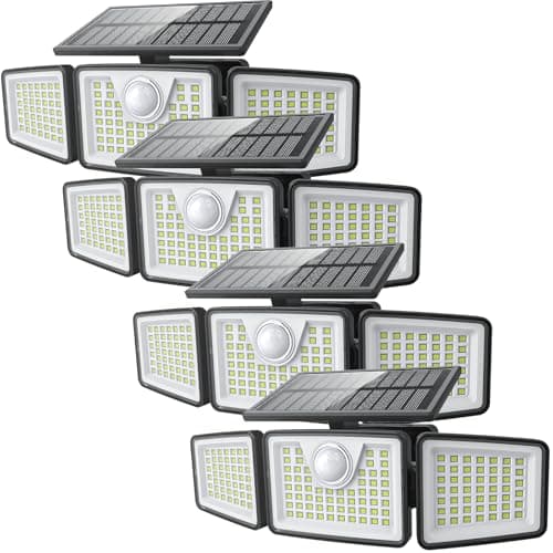 daphino 2500LM Solar Lights Outdoor with Motion Sensor3 Head 270 Wide Angle Street Area LightsIP65 Waterproof Security Lighting with 3 ModesRemote4 Pcs