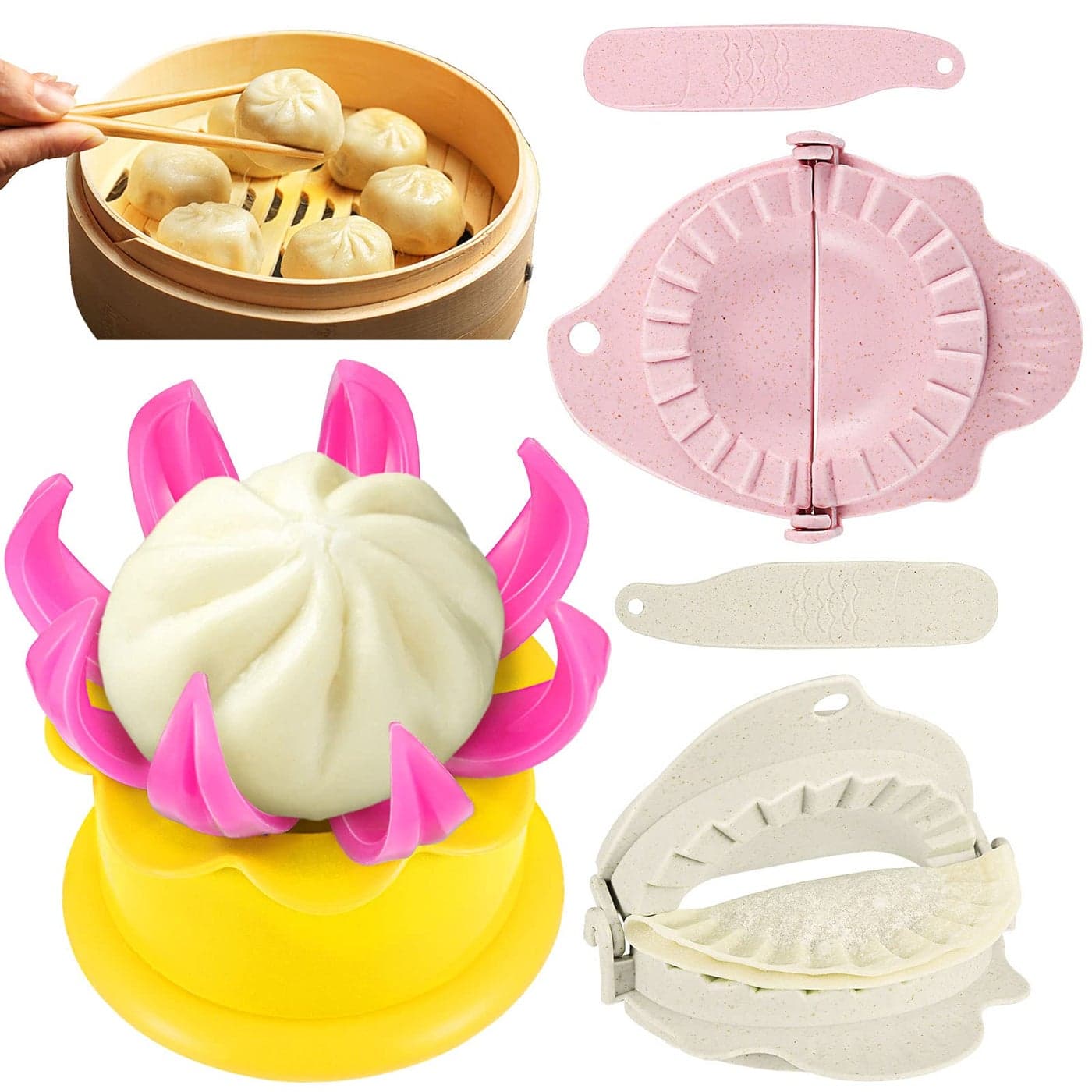 5 Pieces Bun Maker Bun Dumpling Maker Steam Filled Plastic Mold and Filling Spoon Cooking Tool Set for Kids Learning to Make Delicious Bun and DumplingsYellow Pink Beige