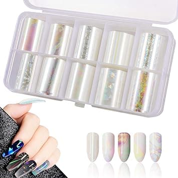 MWOOT 10 Rolls White Pearl Color Holographic Nail Foil Transfer Sticker Roll Set MixPattern Nail Art Stickers Wraps Decals Starry Sky Manicure Kit 098inchs3937inchs25cm100cm