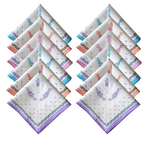 DIKHAWA 100% Cotton Women's Big Size Soft Cotton Floral Handkerchiefs/Hankies for Girls (36CM X 36CM_Pack of 12)