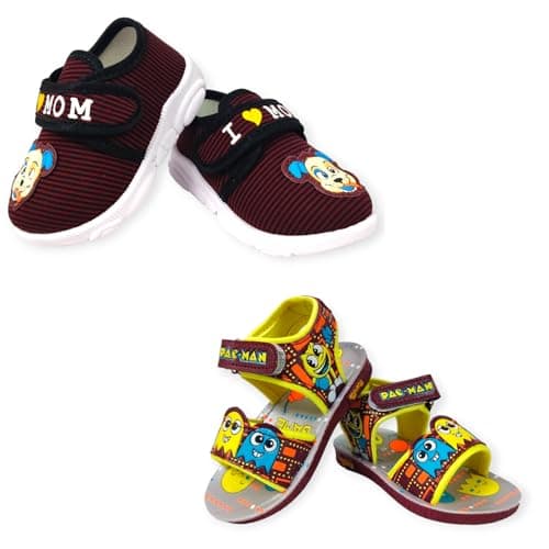Coolz Kids Chu-Chu Sound Musical Sandals and Shoes Combo (2 Pairs) for Baby Boys and Girls (Maroon Shoes and Yellow Sandals, 15 Months)